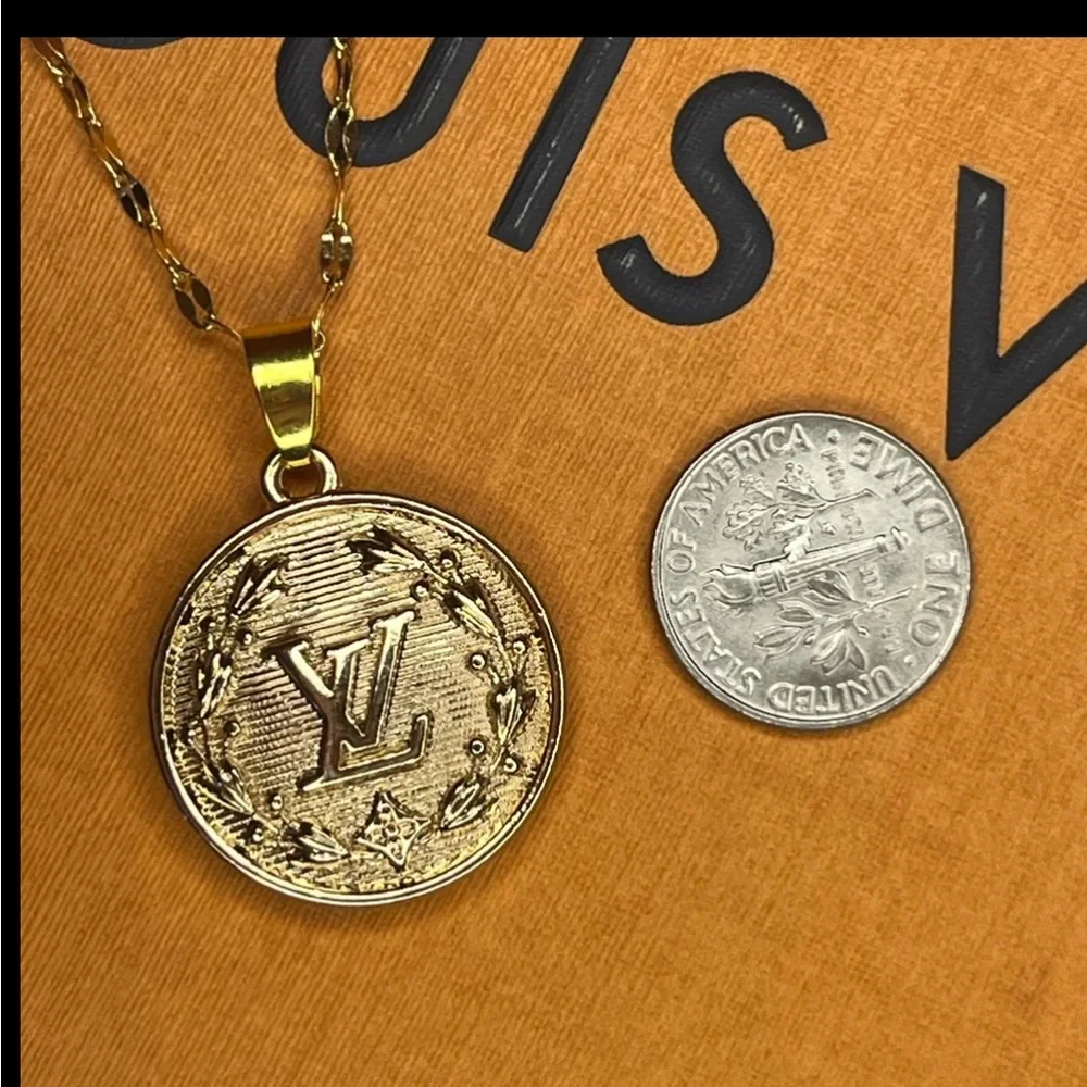 Gold Vintage LV Stamped Upcycled Charm Pendant Necklace - Picture 9 of 9